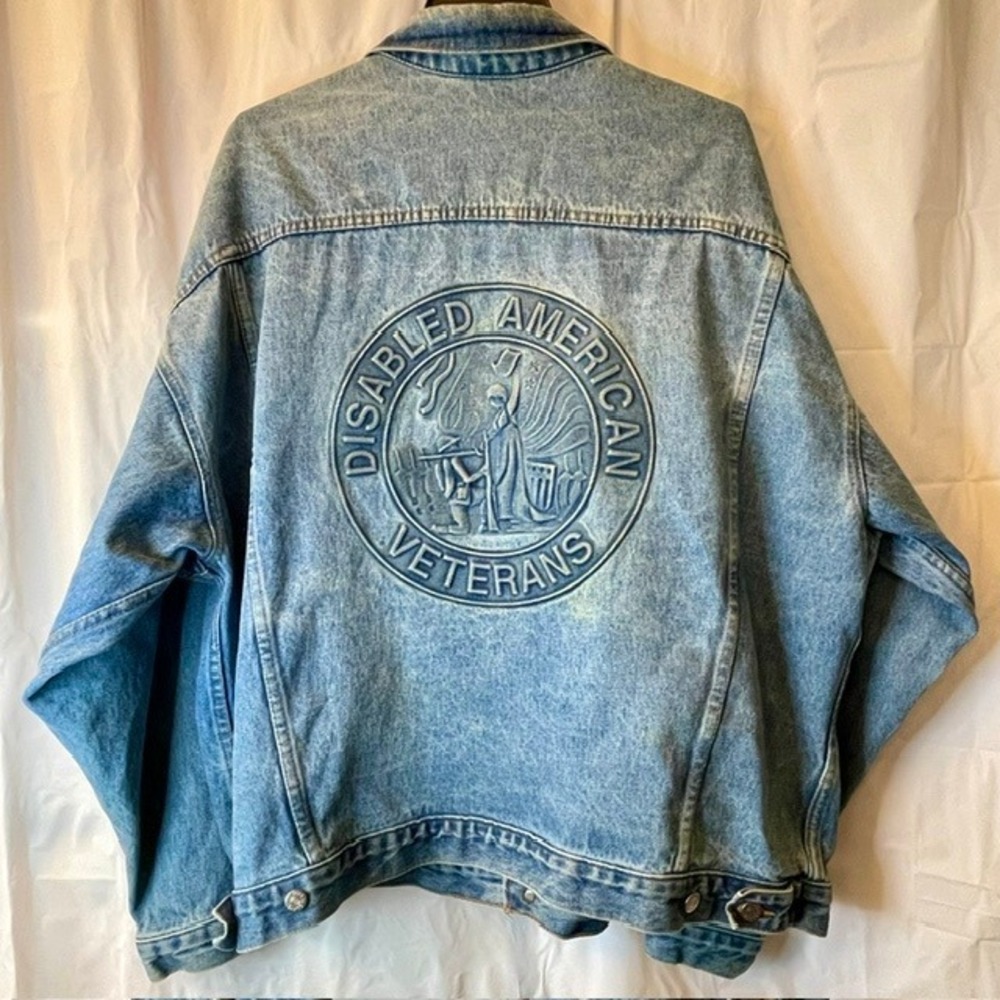 Vintage TYCA‎ Disabled American Veterans Embossed Denim Trucker Jacket USA XXL